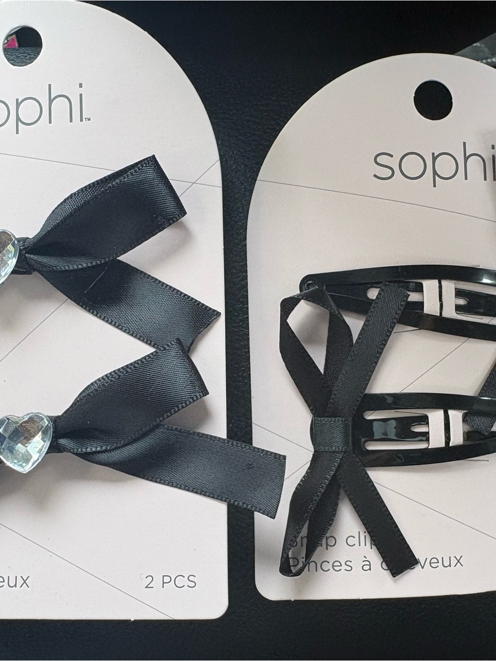 Lot of 2 sophi Black Ribbon Bow Hair Clips with Heart Accent ( 4 clips)